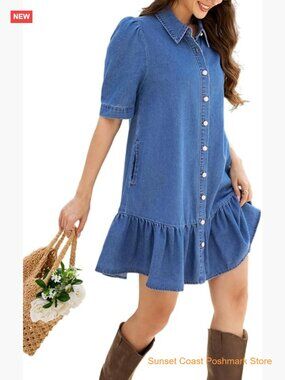 Flowy Denim Shift Dress Puff Sleeve Button Down Babydoll Mini Dress